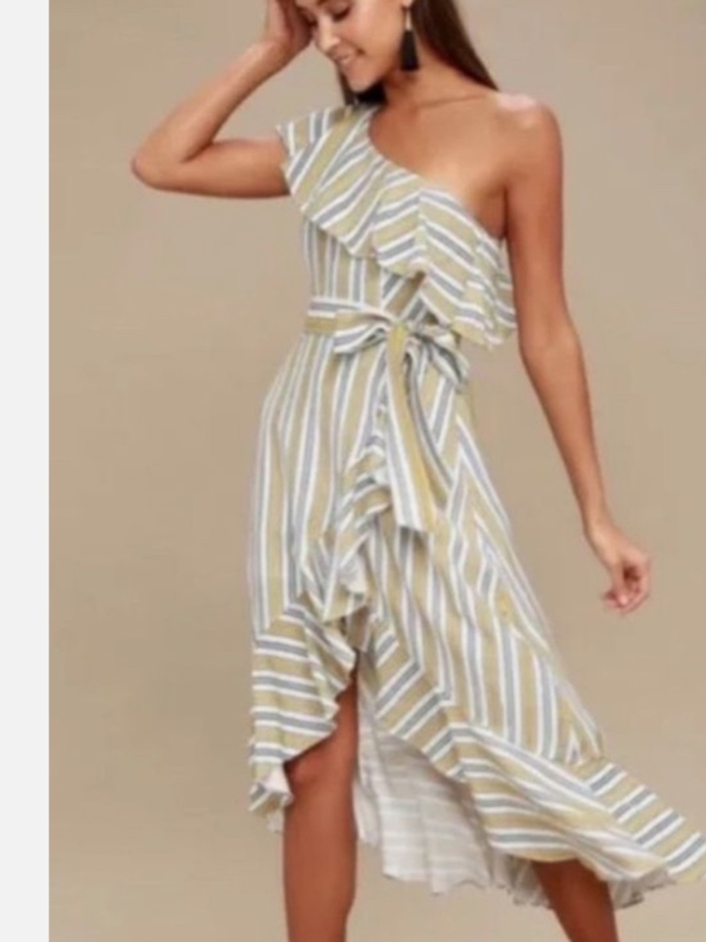 High Tide yellow-striped one-shoulder midi dress features a vibrant yellow and w